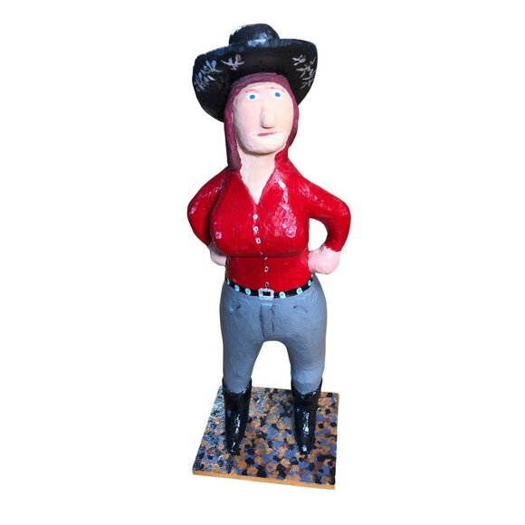 Folk Art Hand Carved Wooden Cowgirl Woman Figurine Western Black Hat Handmade - Picture 11 of 14
